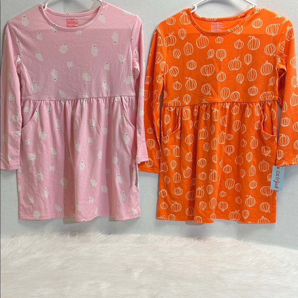 Cat & Jack Pink ghost print and Orange Pumpkin Patterned Dresses NWT Size 8